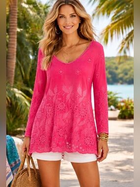 Johnny Was Eyelet Embroidered Boho Blouse | 100% Cupro Rayon | Pink Tunic Top